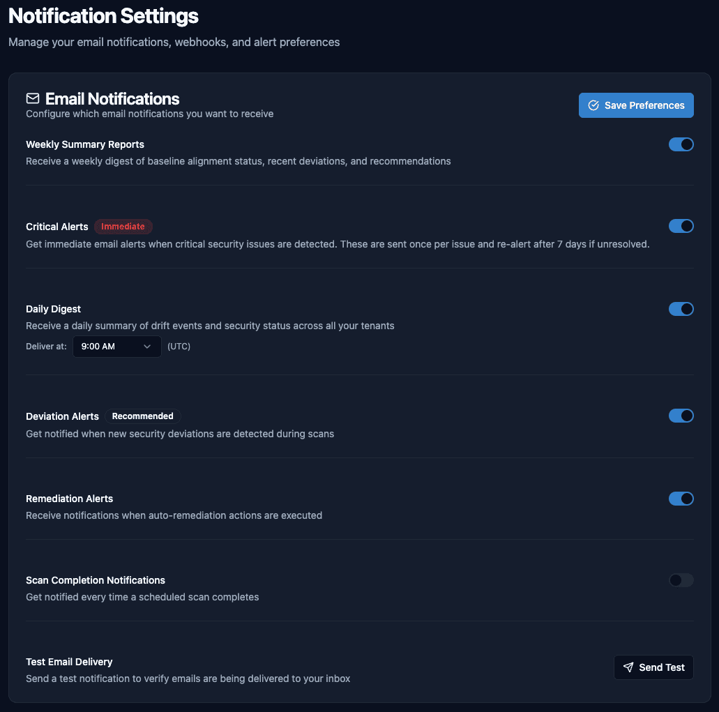 Notification settings panel showing email notification options including weekly reports, critical alerts, daily digest, deviation alerts, remediation alerts, and scan completion notifications